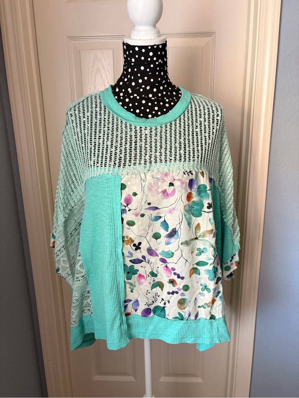 POL Mint Green Open-Knit Tunic with Floral Patch Panel